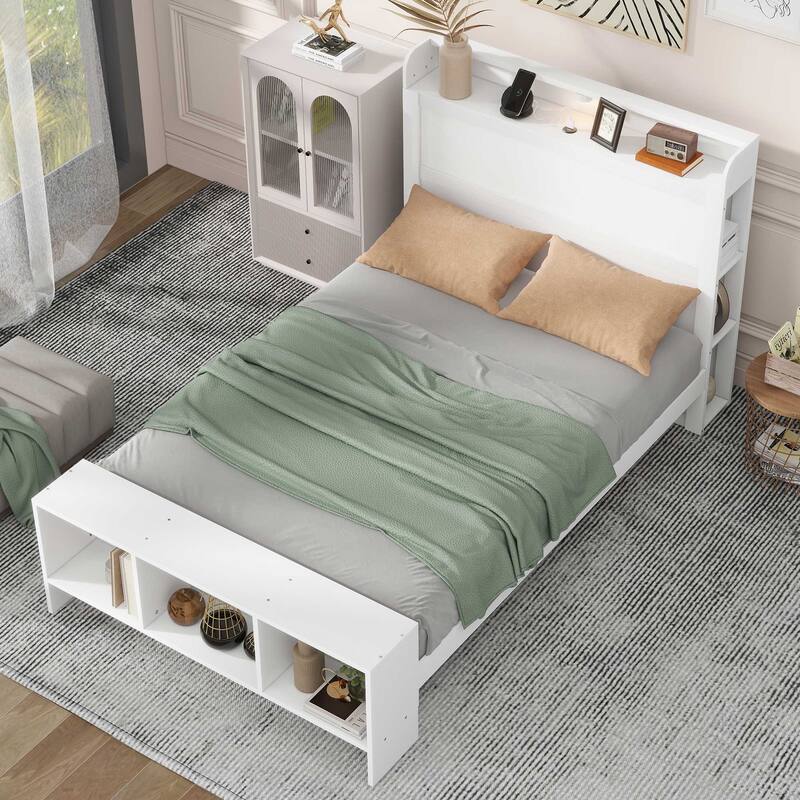 Full Size Platform Bed with built-in shelves, LED Light and USB ports