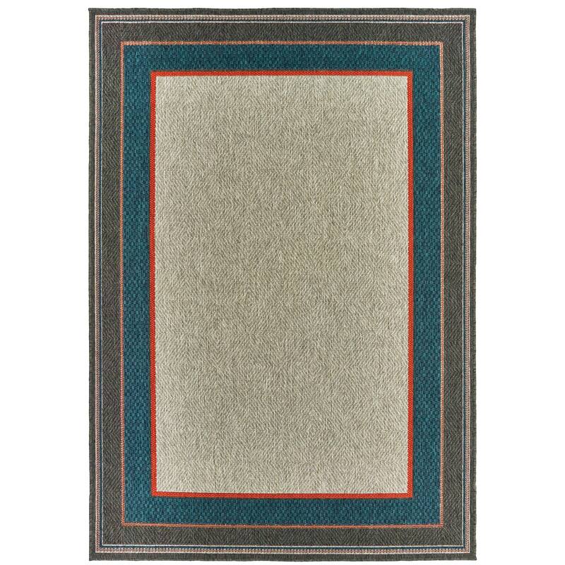 Vista Home Higgins Bordered Grey/ Blue Indoor/ Outdoor Area Rug - 5'3" x 7'3"