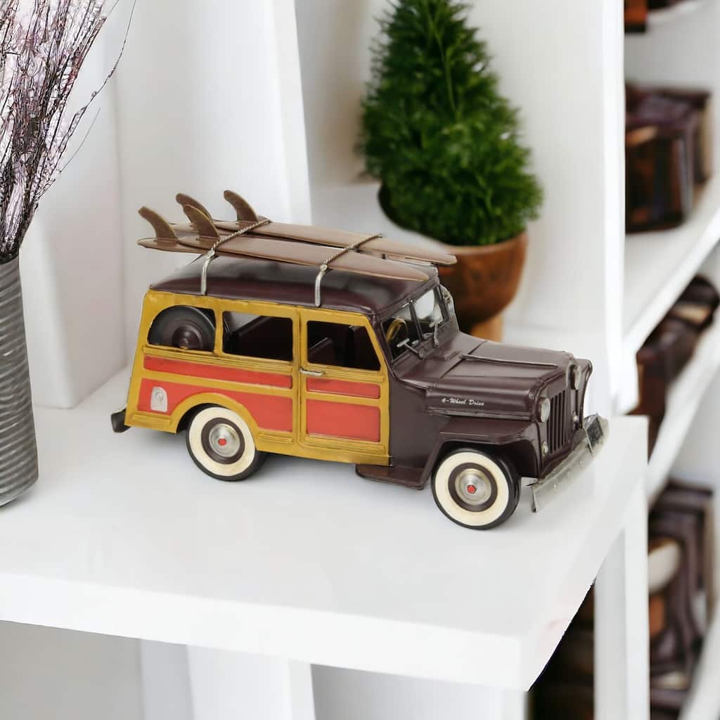 HomeRoots 8" Yellow and Brown Metal Hand Painted 1948 Brown Woody Model Car - 6.5' X '7.5' X '13