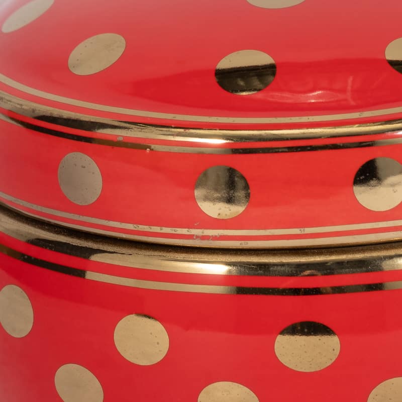 Sagebrook Home 13448-07 Ceramic Covered Dotted Jar, Red/Gold Ceramic, 7 X 7 X 3.75 Inches - 7" x 7" x 3.75"