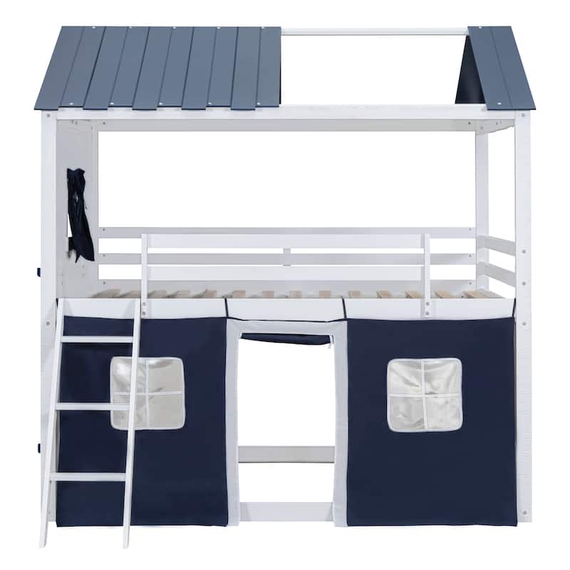 Full Size Bunk Wood House Bed with Elegant Windows, Sills and Tent, Blue+White