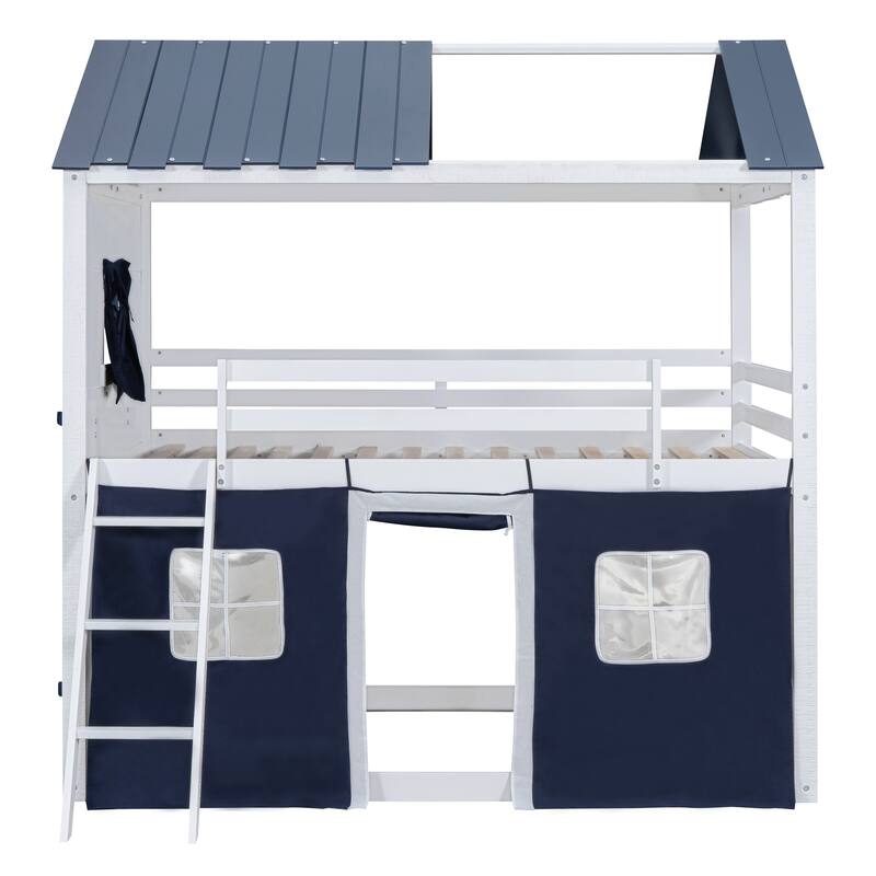 White+Blue Wood Castle House Bunk Bed with Windows, Sills, Tent, and Slide, Playhouse Design