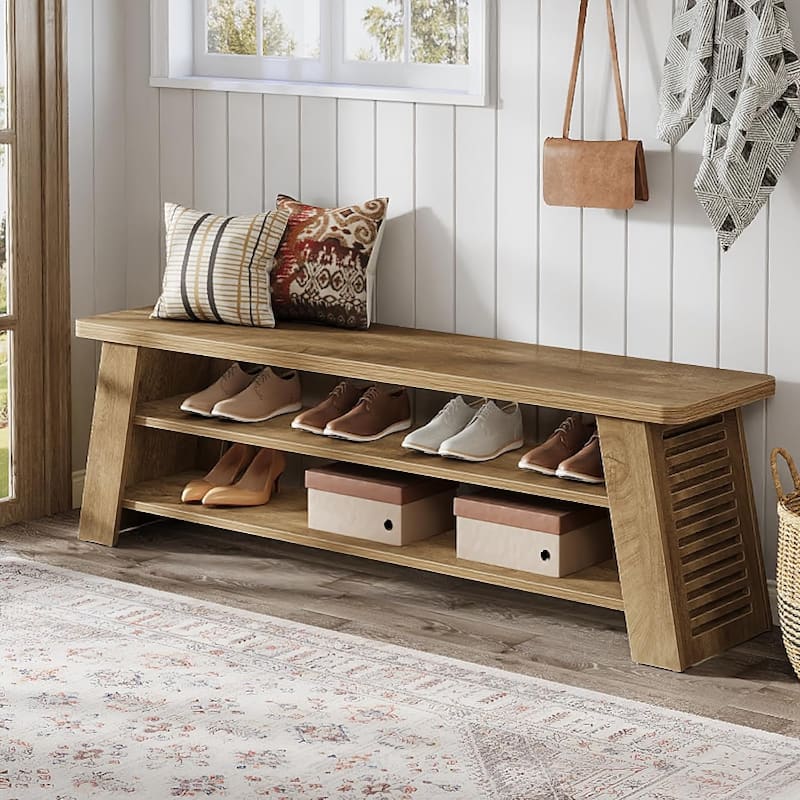 Entryway Shoe Bench with Storage Shelf, Dining Bench, Wooden End of Bed Bench for Bedroom, Living Room, Mudroom, Hallway, Foyer - Brown