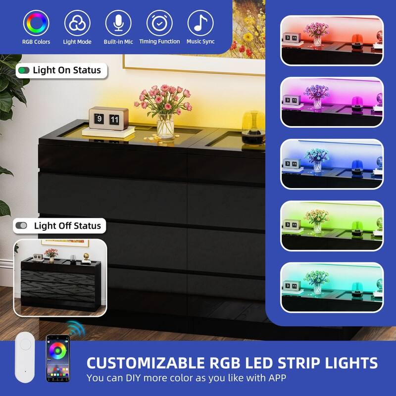 Modern 8-Drawer Dresser Chest Dresser of Drawer Organizers with LED Light High Gloss