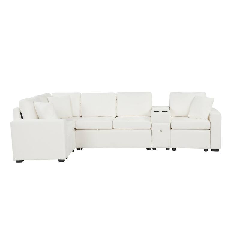 L-Shaped Modular Sectional Sofa with Pull-Out Bed, Chenille Convertible Sleeper Sofa Bed with Cup Holders & Multiple Storage