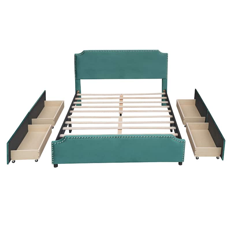 Queen Upholstered Velvet Platform Bed Storage Bedframe with 4 Drawers