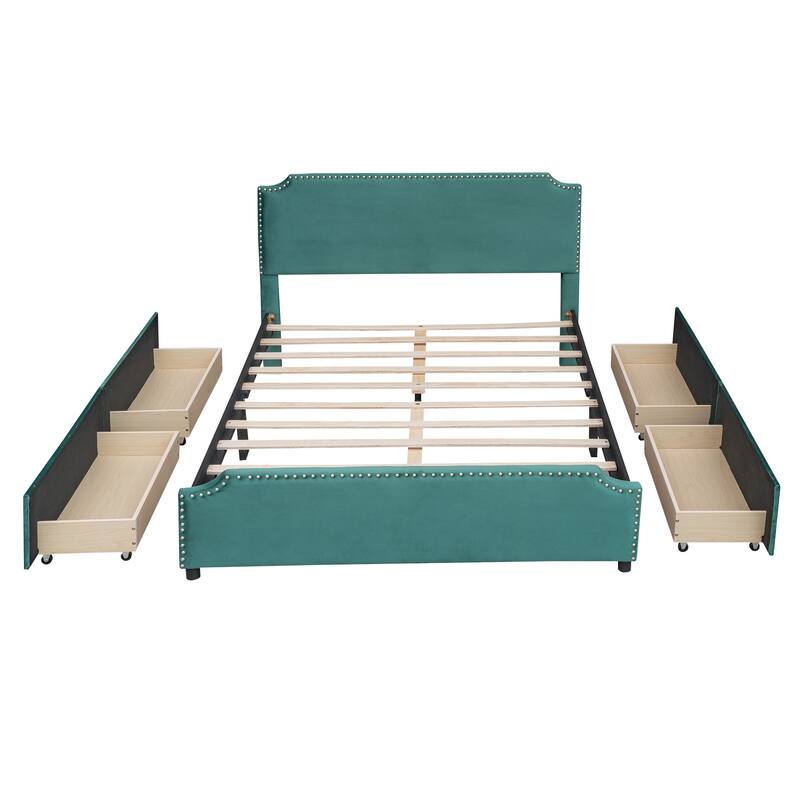 Upholstered Platform Bed with Stud Trim Headboard and Footboard