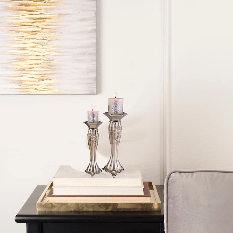 HomeRoots Set Of Two Silver Tabletop Pillar Candle Holders - 6