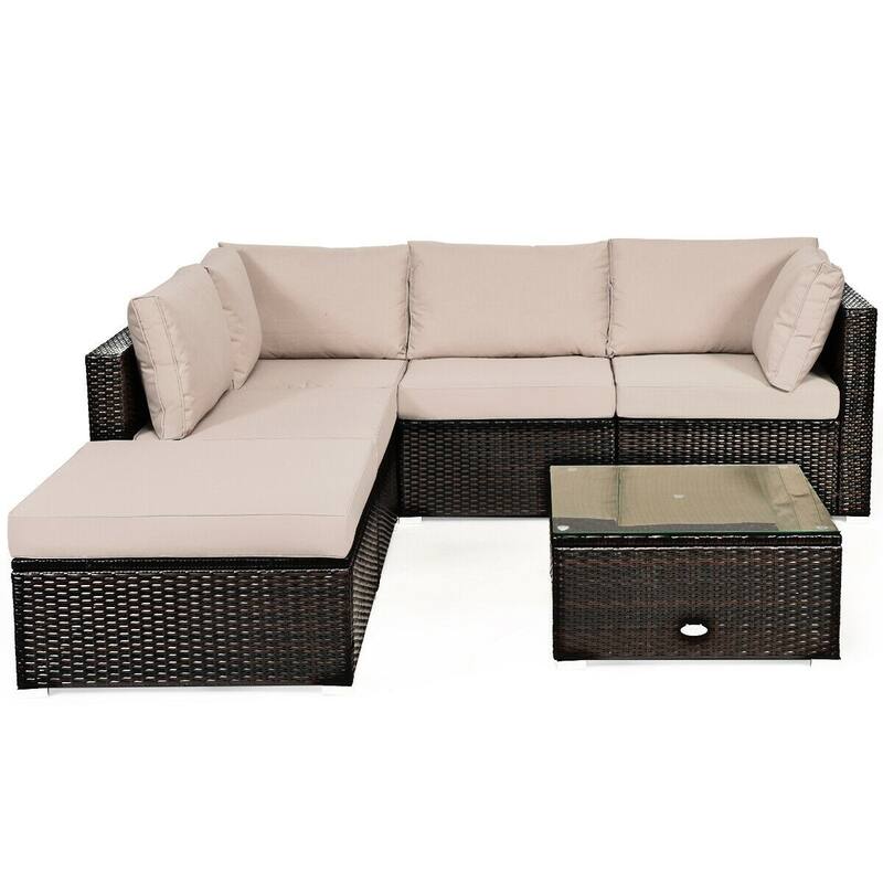 6 Pieces Outdoor Patio Rattan Furniture Set Sofa Ottoman with Coffee Table - 30'' x 30'' x 26''(L x W x H)