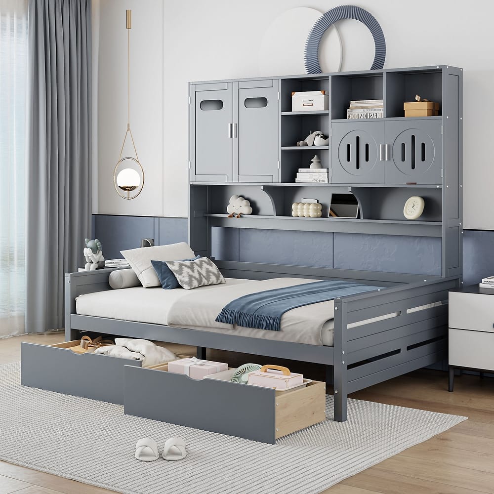 Wooden Daybed with 2 Drawers, All-in-One Cabinet and Shelf for Bedroom