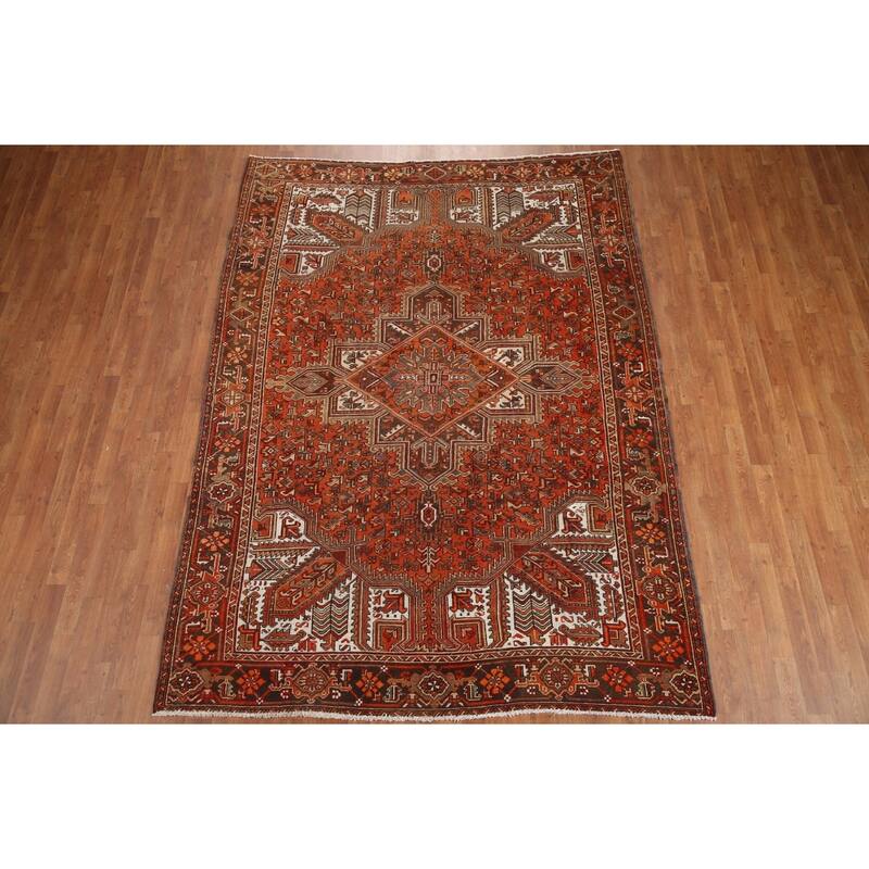 Hand Knotted Oriental 100% Wool Carpet Traditional Medallion Oranges & Rust Heriz Area Rug - 9' 6'' X 6' 10''