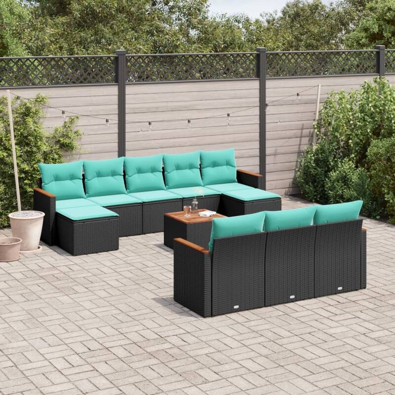 vidaXL 10/11 Piece Patio Sofa Set with Cushions Black/Gray Poly Rattan - 21.7 x 24.4 x 27.2 - Black With table