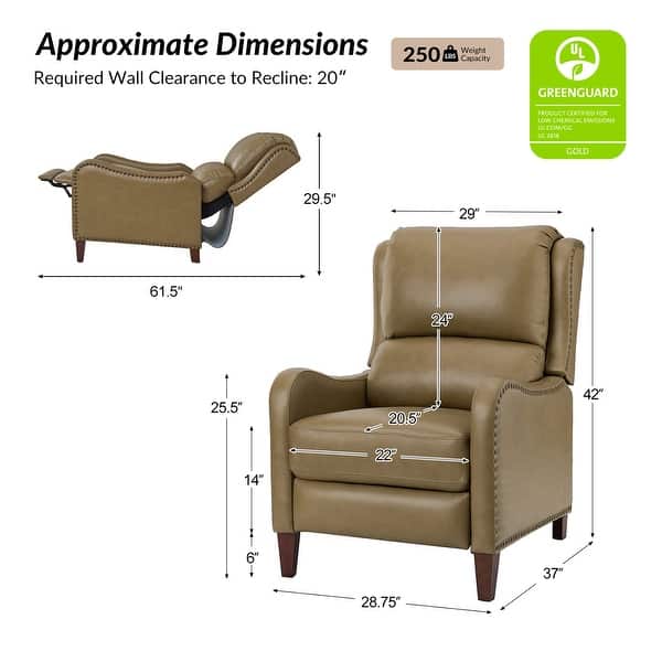 dimension image slide 2 of 19, HULALA HOME Brigida Cigar Genuine Leather Manual Recliner with Nailhead Trim
