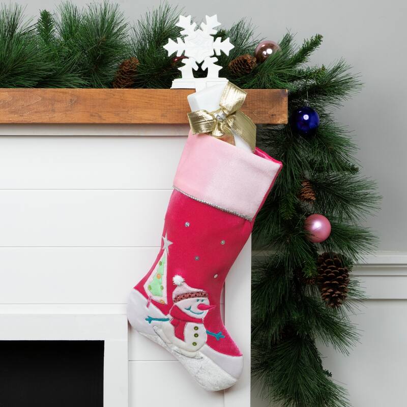 20.5" Pink Embroidered Ice Skating Snowman and Christmas Tree Stocking