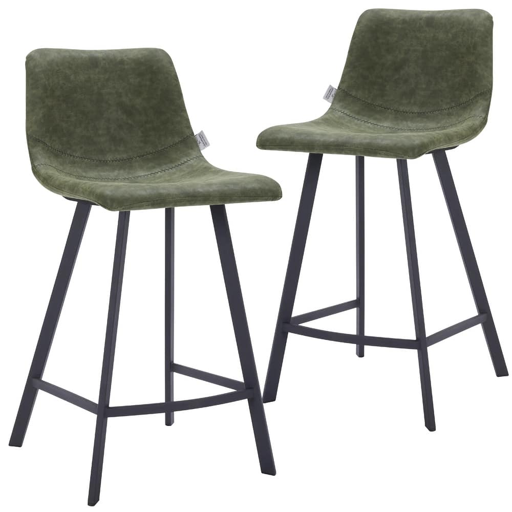 Elland Leather Bar Stool - Modern Counter Height Stool with Black Stainless Steel Legs for Kitchen Island or Home Bar Set of 2
