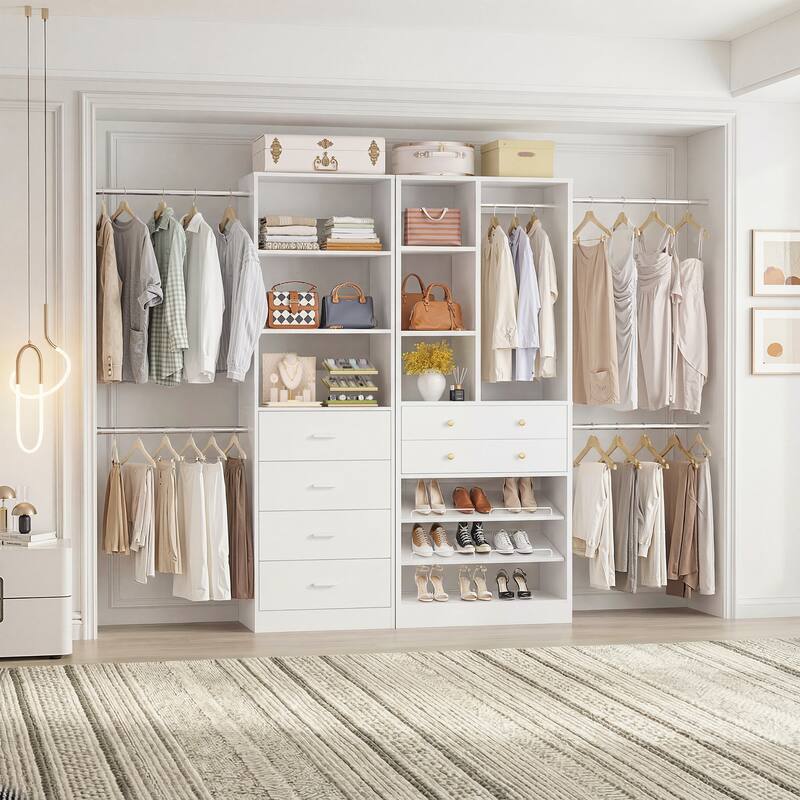 Set of 2 Closet Organizer System with Wood Drawers, Amoire Wardrobe with Hanging Rods