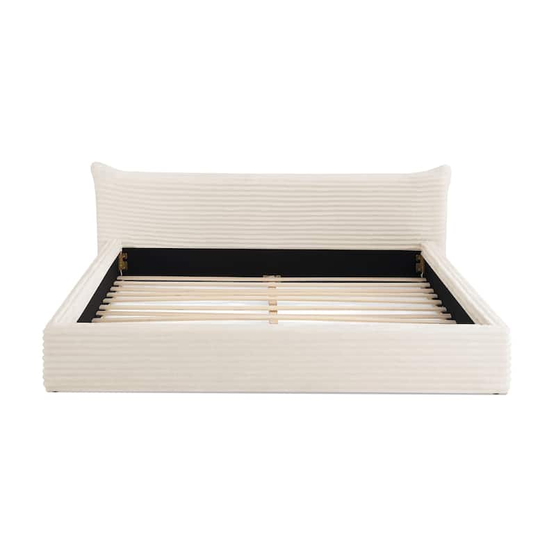 Queen Size Upholstered Platform Bed with Decorative Curved Headboard and Solid Wood Frame
