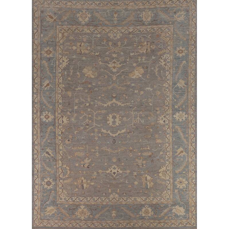Vegetable Dye Floral Oushak Turkish Rug Hand-Knotted Grey Wool Carpet - 9'4"x 11'8"