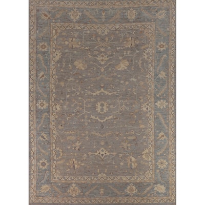 Vegetable Dye Floral Oushak Turkish Rug Hand-Knotted Grey Wool Carpet - 9'4"x 11'8"