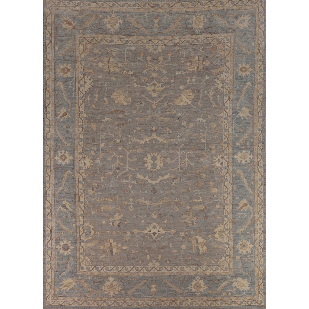 Vegetable Dye Floral Oushak Turkish Rug Hand-Knotted Grey Wool Carpet - 9'4"x 11'8"