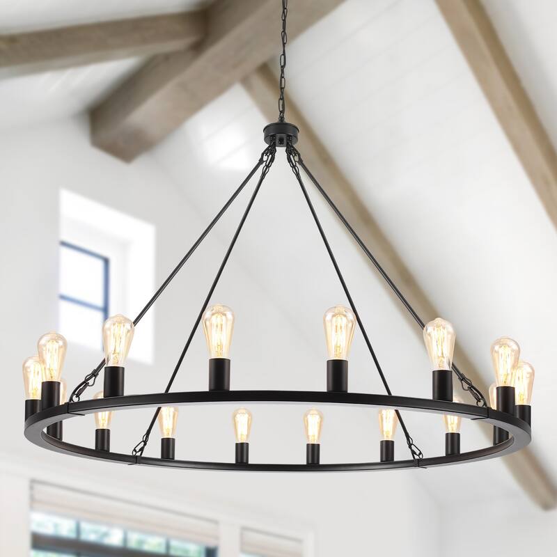 16-Light Farmhouse Chandelier , 47.24 In Wagon Wheel Chandelier for Dining Room Living Room Bedroom Kitchen - Black