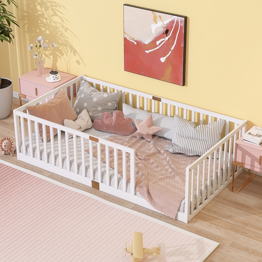 Rubber Wood Twin Size Floor Bed with High Fence Railings and 6 Slats without Door