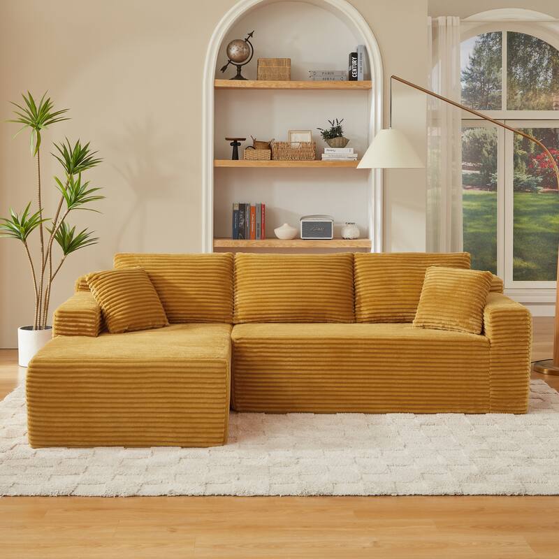 Corduroy Upholstery Cloud Modular Sectional Sofa with Chaise and Pillows, All-Foam Compression Design
