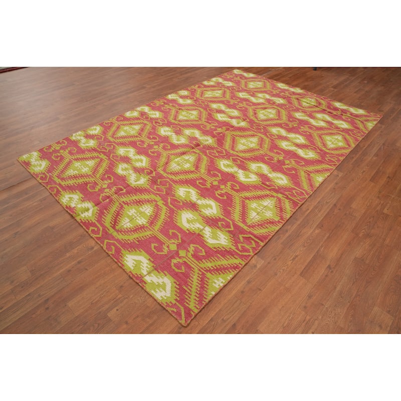 Hand Woven Oriental 100% Wool Carpet Southwestern All-Over Pink Kilim Area Rug - 8' 10'' X 5' 10''