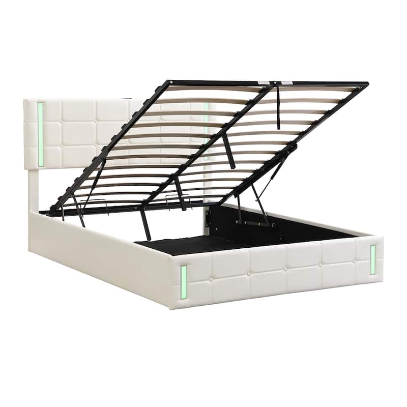 Full Size Upholstered Bed with LED Lights,Hydraulic Storage System and