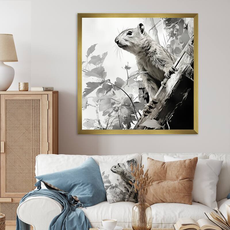 Designart "Black White Squirrel Forest Acrobat I" Squirrel Wall Decor Grey Modern Entryway Framed Wall Art - 16 in. wide x 16 in. high - Gold