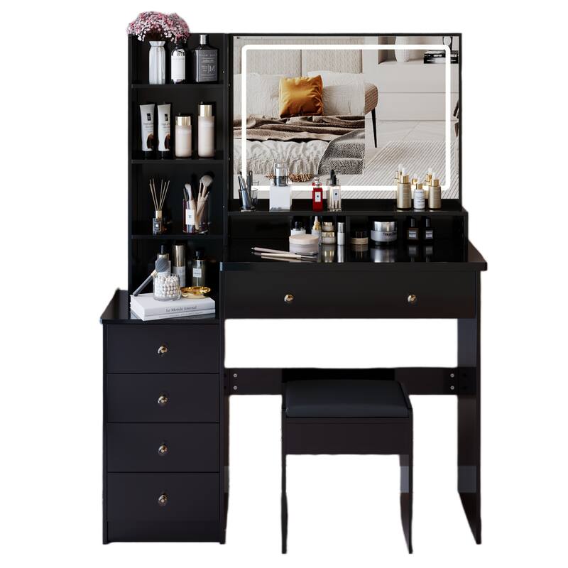 41" Large Vanity Set with 3-Color LED Mirror and Cushioned Stool