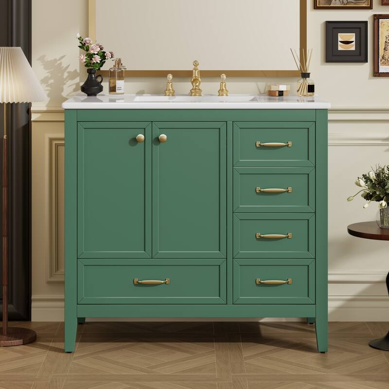 36" Bathroom Vanity with Sink, Bathroom Cabinet with Soft-Closing Door, 4 Drawers of Different Sizes, Solid Wood Frame and Leg