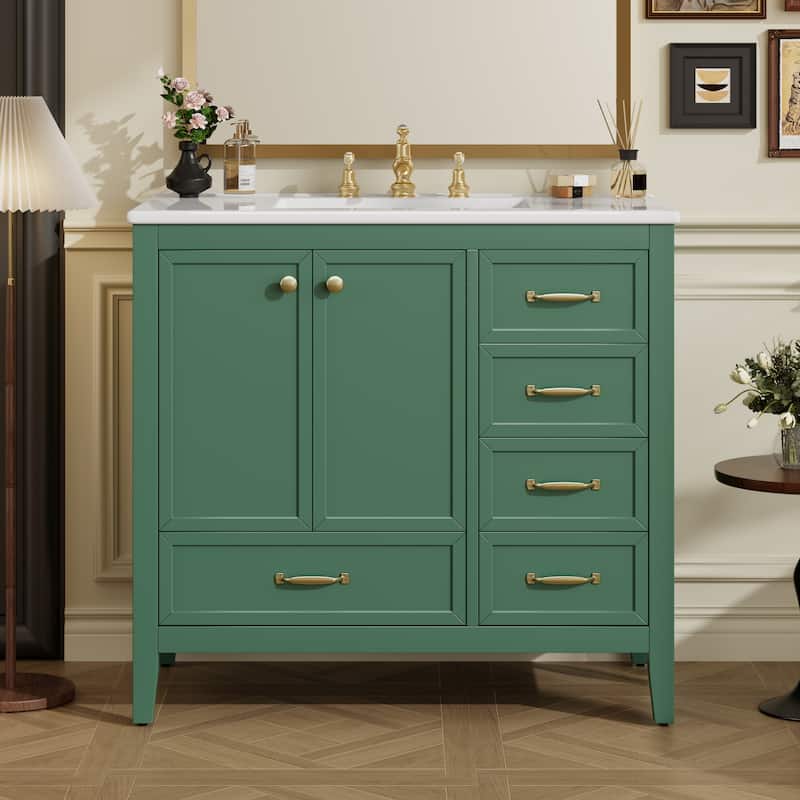 36" Bathroom Vanity with Sink Set, Wood Frame Vintage Bathroom Cabinet Vanity with Soft-Closing Doors & Drawers - Green