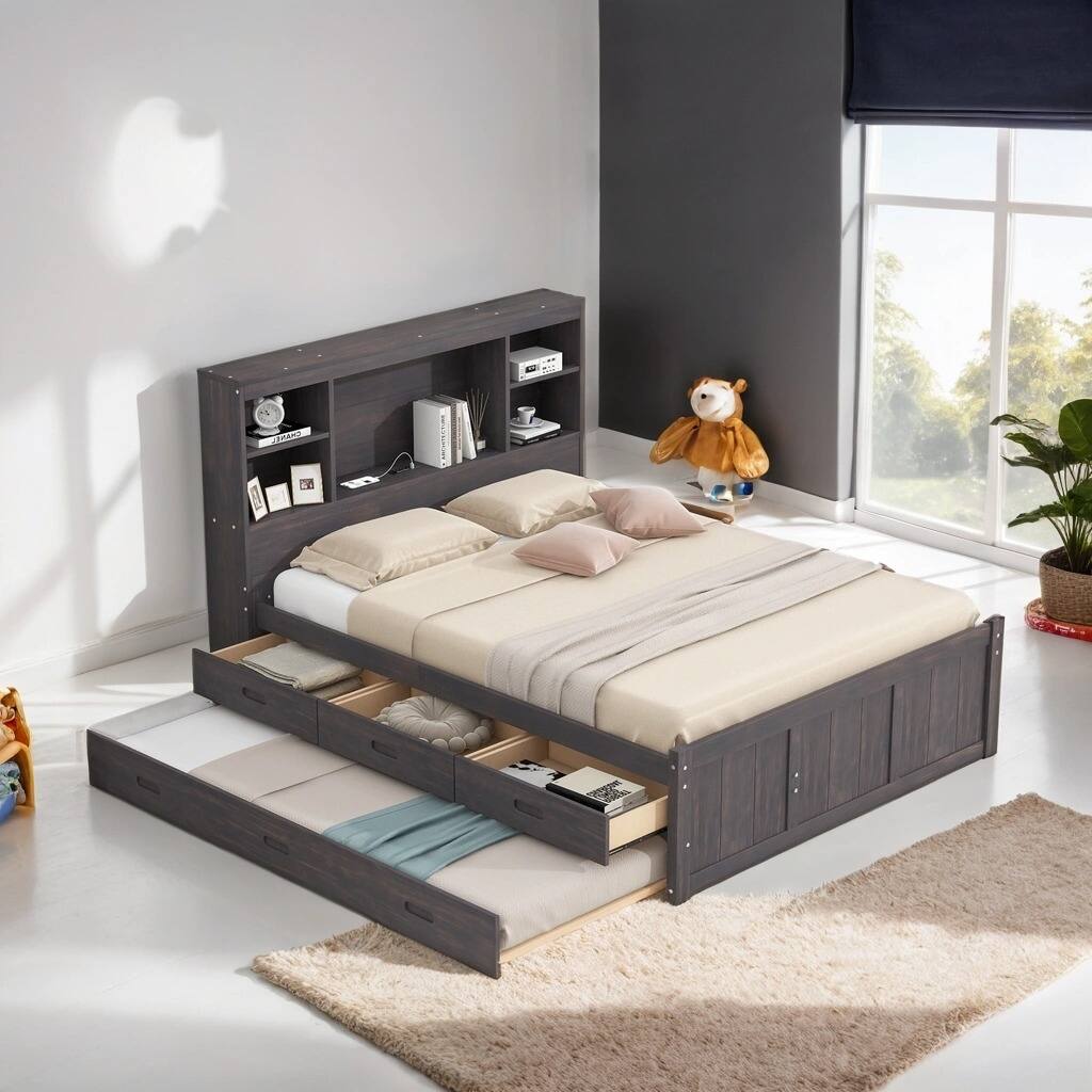 Full Size Storage Platform Bed with Twin Size Trundle, Pine Wood Bed Frame with 3-Drawers and Charging Station, Antique Brown