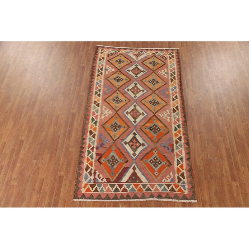 Geometric Kilim Shiraz Persian Vintage Area Rug Hand-Woven Wool Carpet - 5'0" x 9'1"