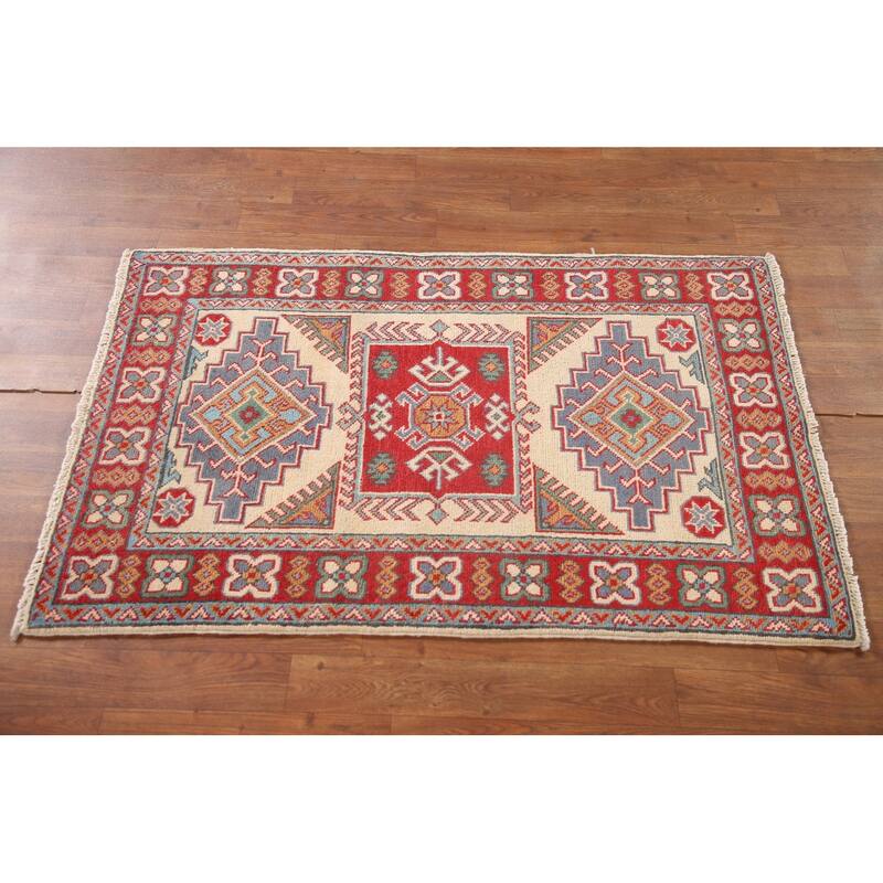 Ivory & Red Geometric Kazak Oriental Accent Rug Handmade Wool Carpet - 2'7" x 4'1"