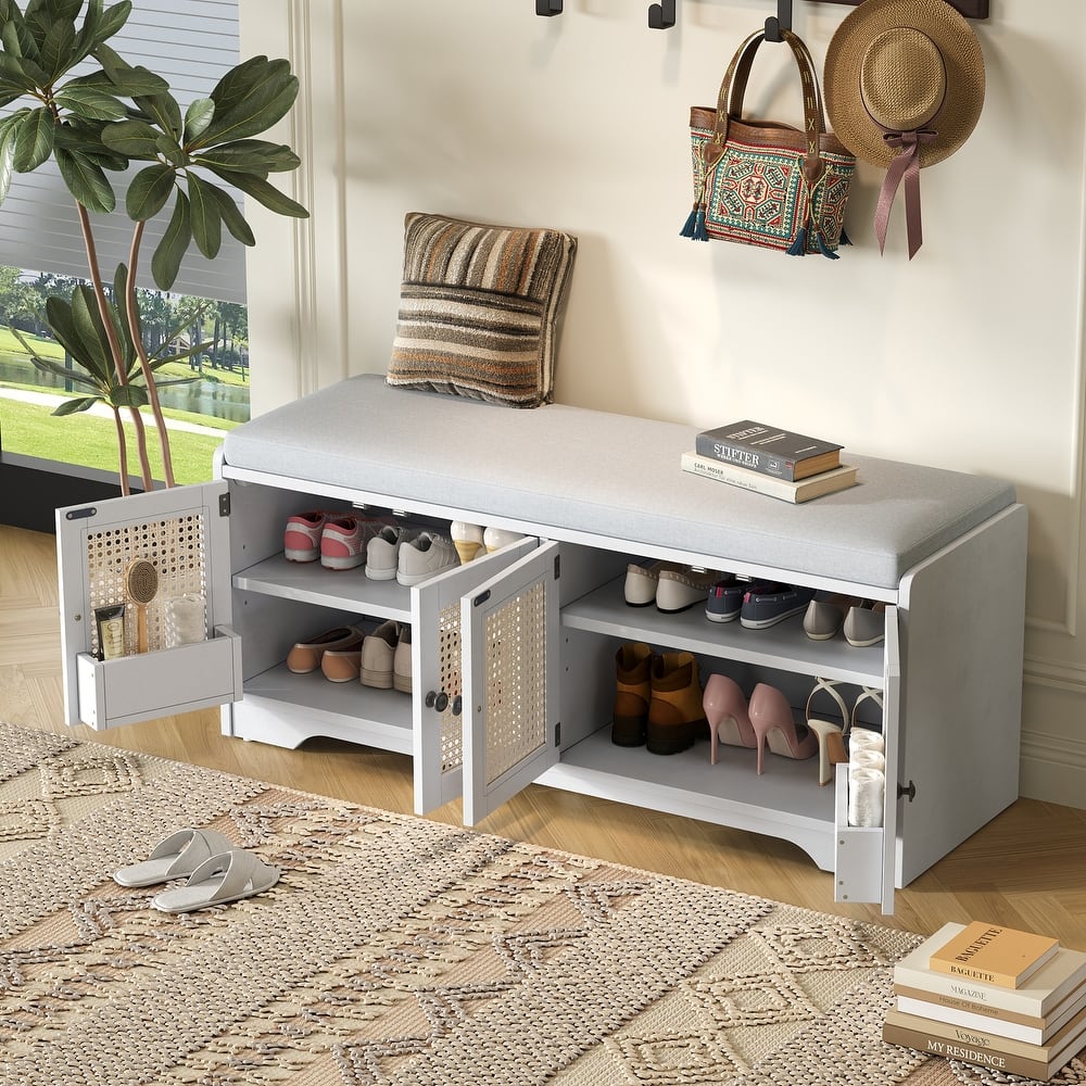 Roomfitters Large Entryway Storage Bench, Boho Rattan Cabinet, Shoe Organizer Seat, Adjustable Shelves