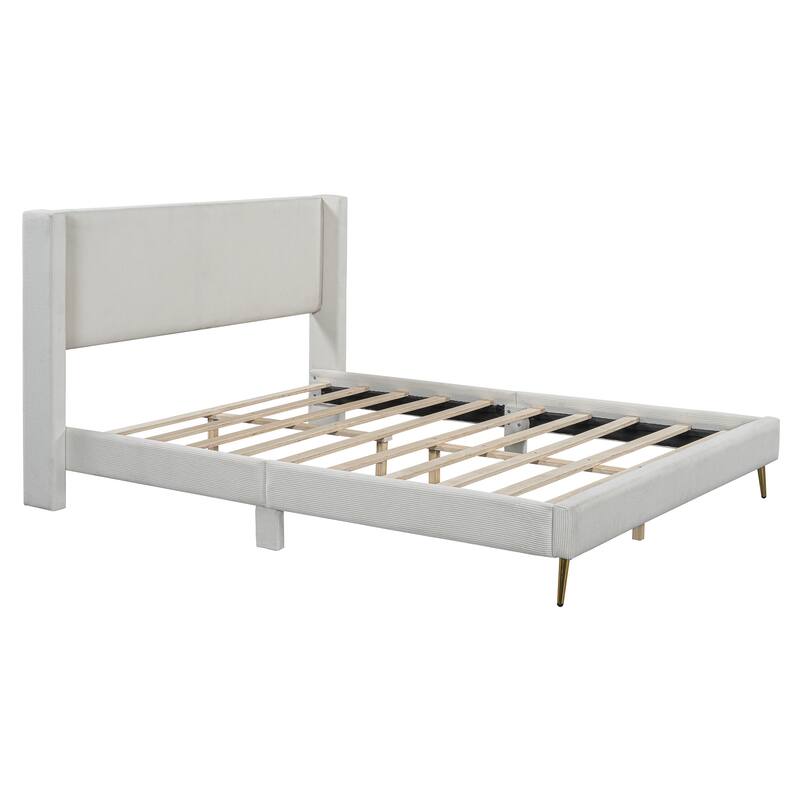 Queen Size Corduroy Platform Bed Frame with Metal Legs, Wooden Slats Support, No Box Spring Needed