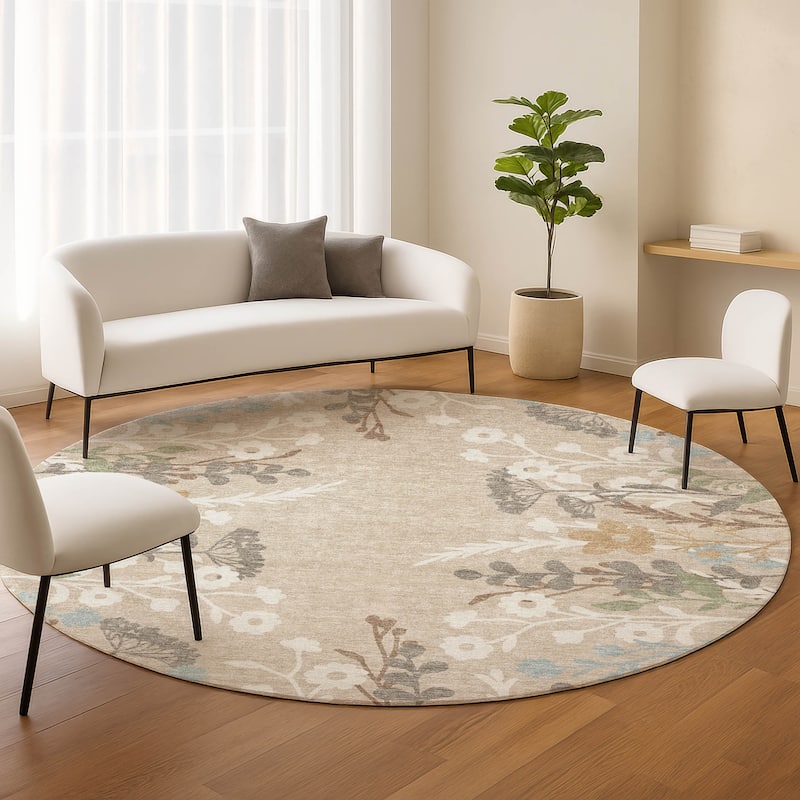 Machine Washable Indoor/ Outdoor Floral Border Chantille Rug