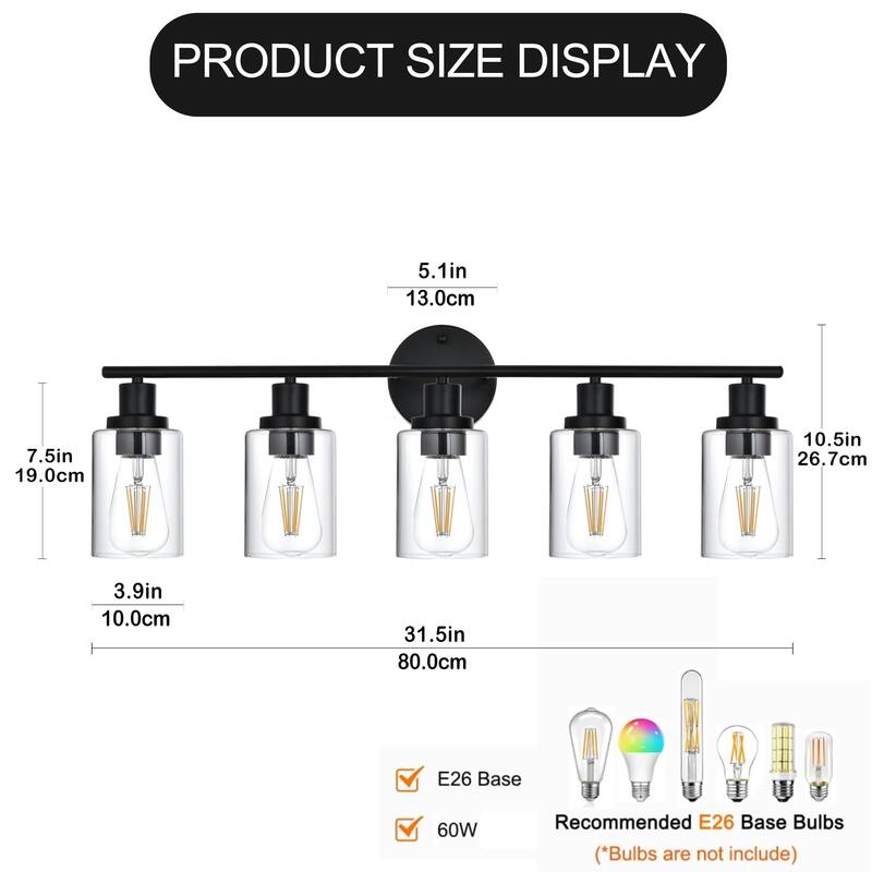 5-Light Bathroom Light Fixtures, Brushed Nickel Modern Vanity Lights Over Mirror with Clear Glass Shade, Bathroom Wall Lamp
