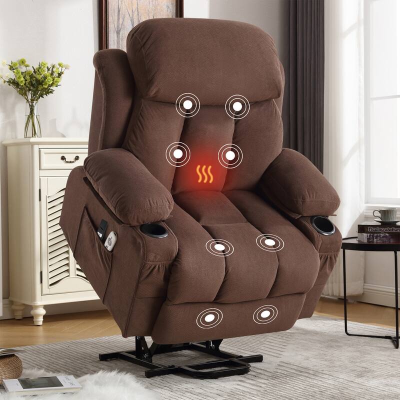Power Lift Velvet Recliner Chair w/Heat and Massage & USB Charge Port - Brown