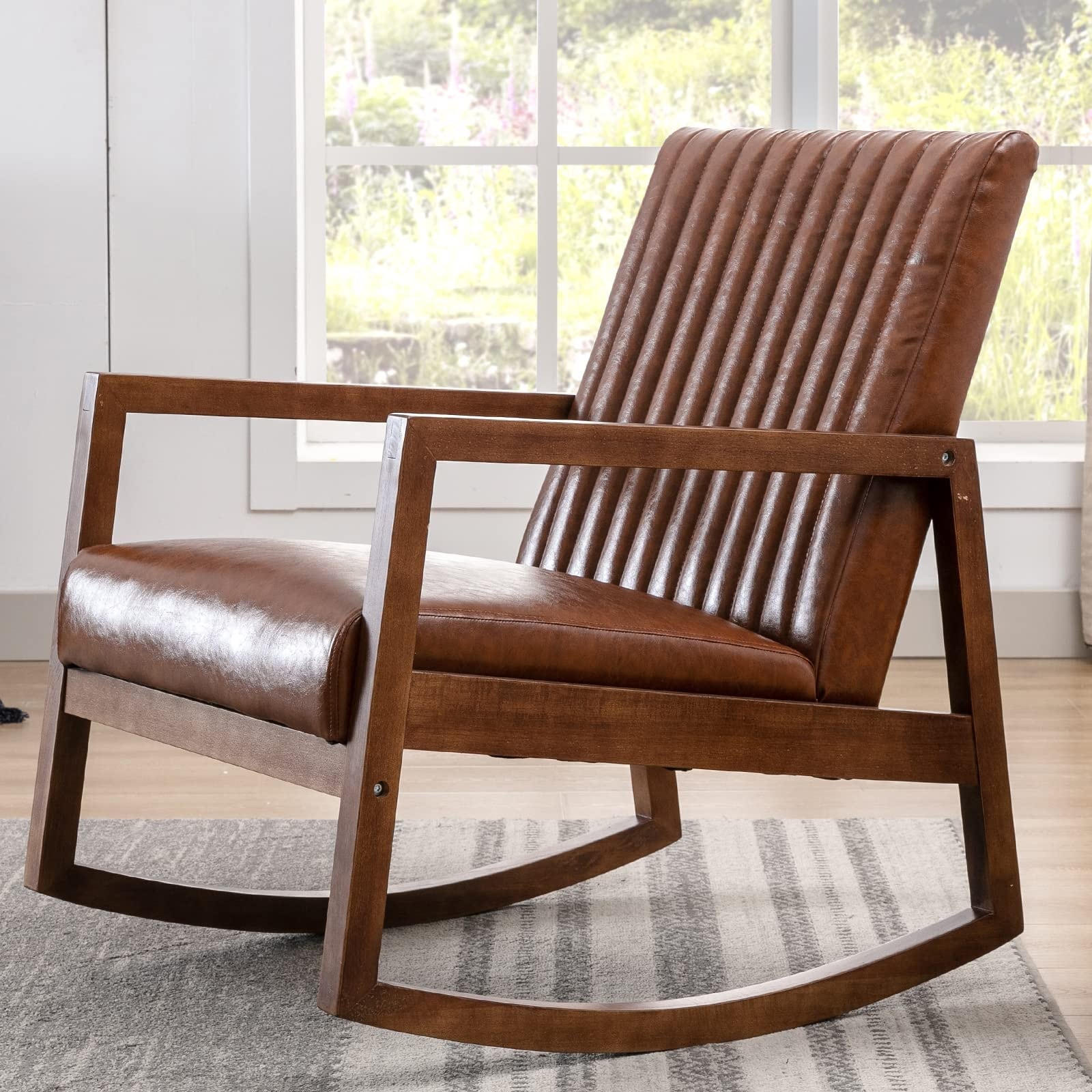 Mid Century Wood Rocking Chair Faux Leather Upholstered Farmhouse Living Room Chair as picture Bed Bath Beyond 37867209