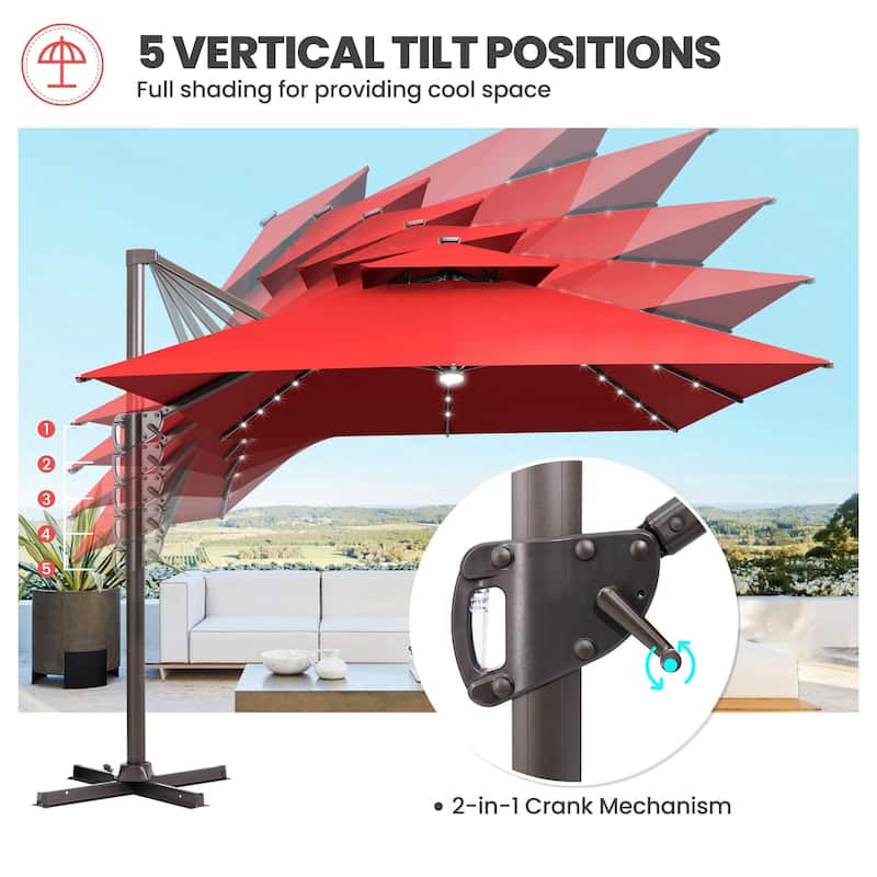 13 x 10 FT Solar Powered LED Light Patio Cantilever Umbrella Aluminum Pole with Base