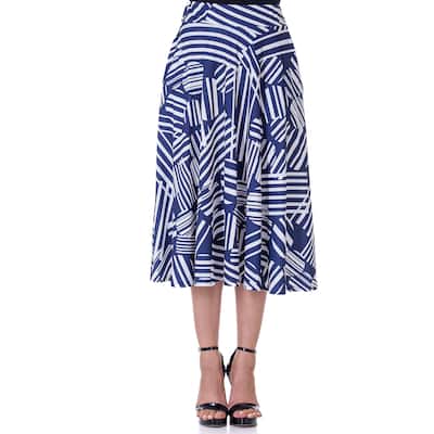24seven Comfort Apparel Womens Navy Geometric Print Pleated Midi Skirt With Pockets