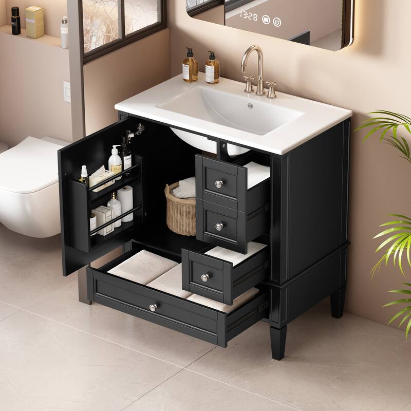 30" Bathroom Vanity with Ceramic Sink - Solid Wood Frame with 3 Drawers, Modern Bathroom Storage Cabinet - Black