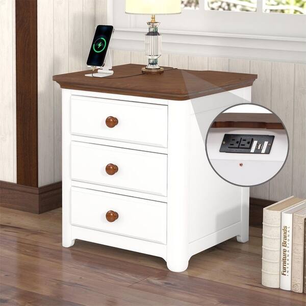3 Drawers Wood Nightstand Modern Bedside Table USB Charging Port White