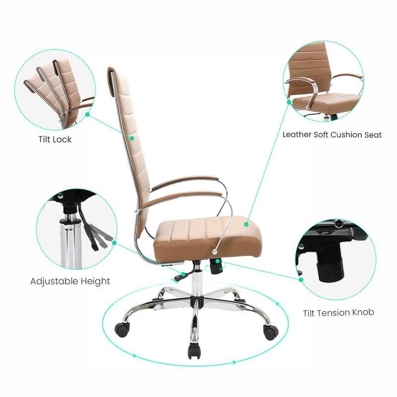 Benmar High-Back Leather Office Desk Chair in Stainless Steel Frame Adjustable Height Tilt Lock 360 Swivel Ergonomic Chair