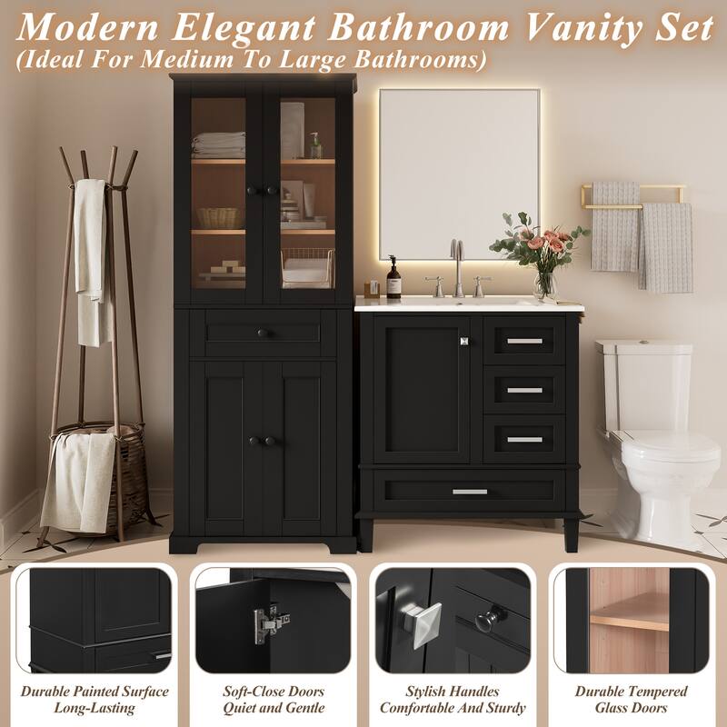 GDFStudio - Fernwell Multifunctional 2-Piece Bathroom Storage Set with Integrated Ceramic Sink Vanity & Tall Cabinet