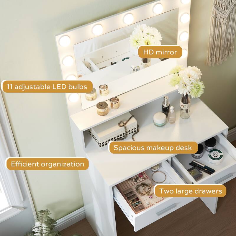 LED Vanity Desk with Mirror, Large Drawer & 3-Light Modes, Dressing Table for Bedroom