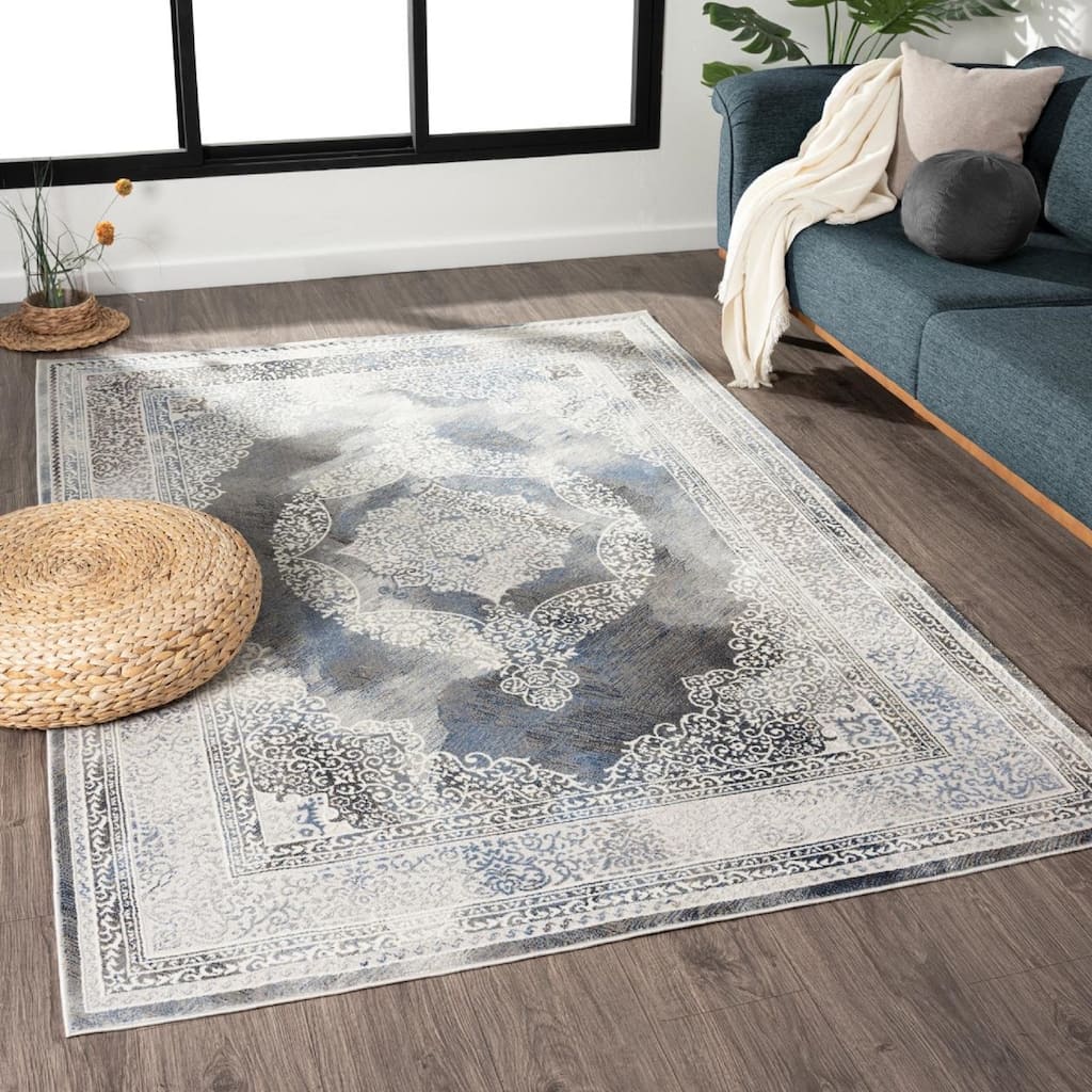 Volos Collection Cream and Medium Grey Medallion Area Rug